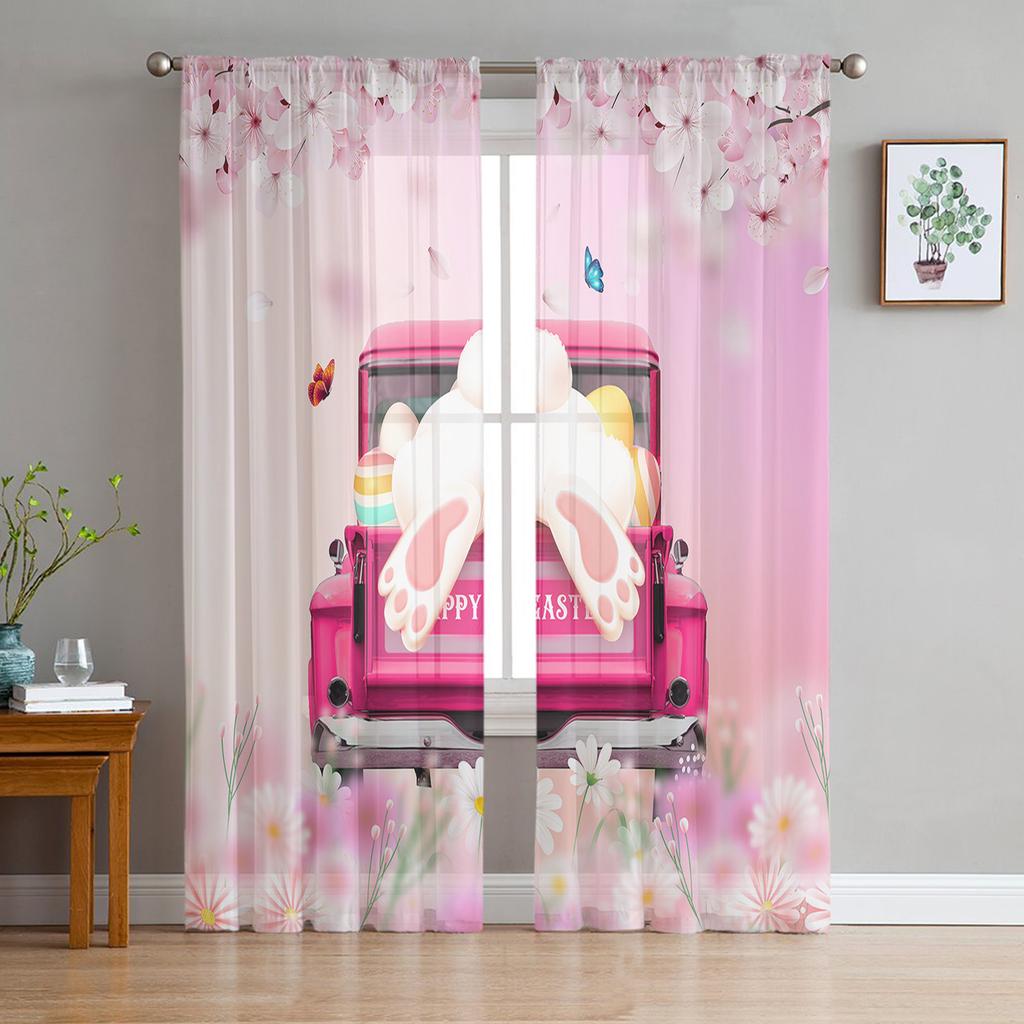 Easter Spring Colored Egg Bunny Sheer Tulle Window Curtains For Living Room Bedroom Kitchen Veiling Curtain Home Decoration