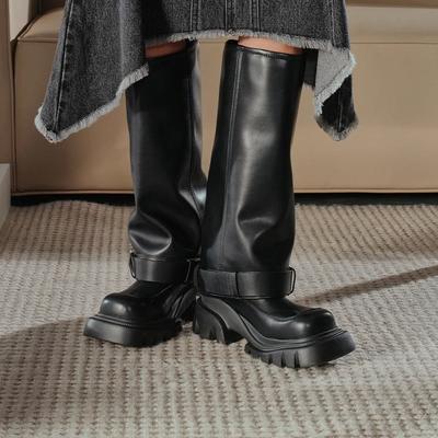 Bottes Femme Hautes Genou Plateforme Élégantes Talon Bas Tendance Punk Gothique New Rock Cuir Chaussures Femme Chaussures de Moto