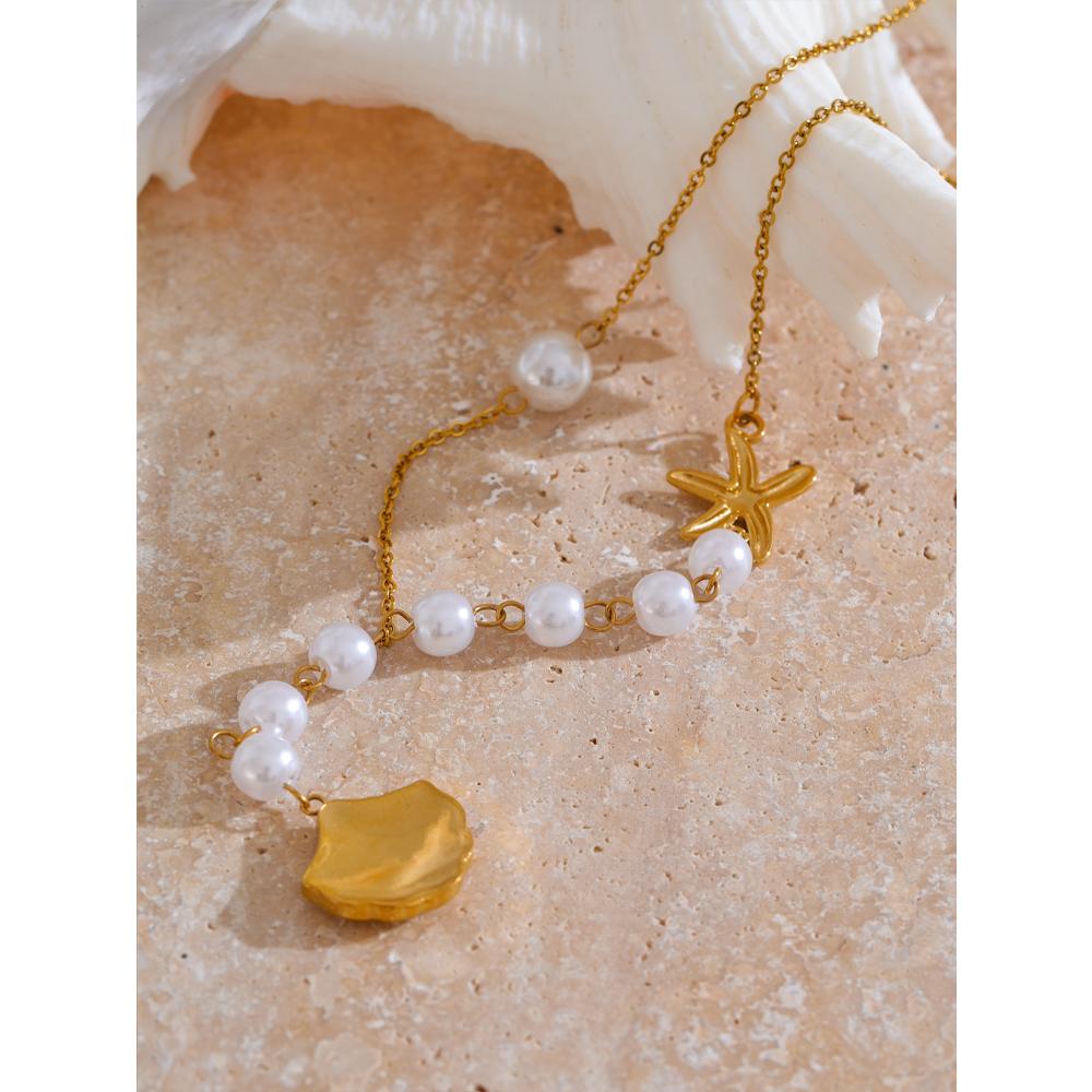 Yhpup Trendy Simulated Pearls Bead Chain Pendant Shell Zircon Necklace 18K PVD Plated High Quality Fashion Summer Jewelry