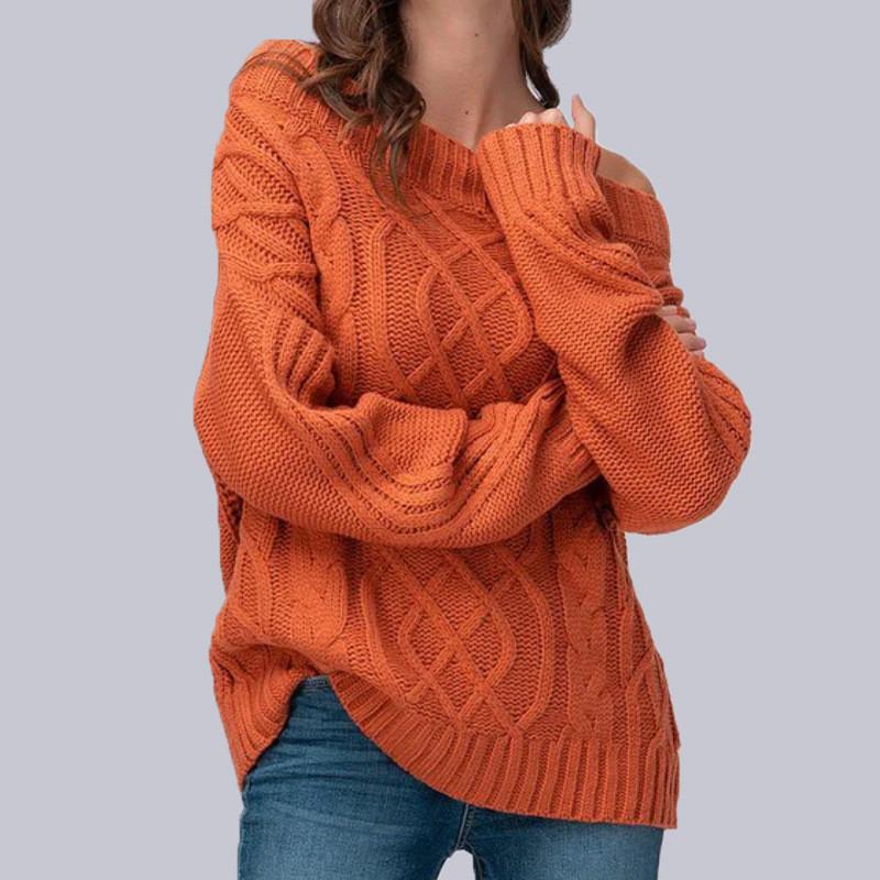 Women's Autumn Winter Knitted Sweater with Round Neck and Cable Knit Pattern Luxurious Relaxed-fit Slimming and Versatile Top