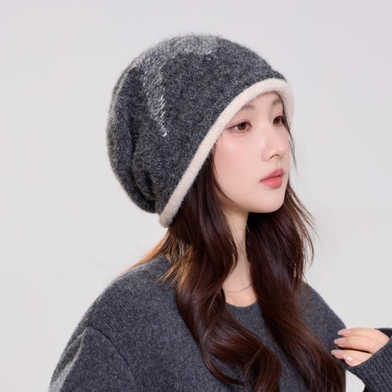 Autumn and winter thickened pile hat women's warm and cold-proof wool hat contrasting color crimped big head circumference bag head hat spot