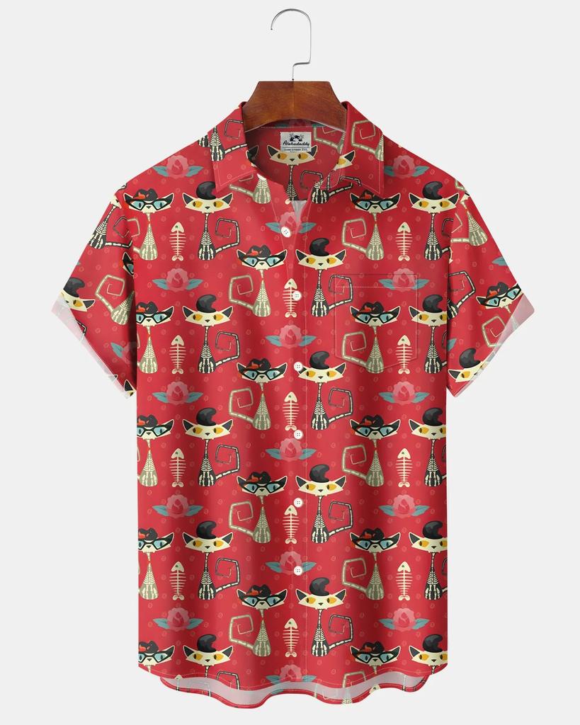 Men's Cute Cat Cartoon Geometric Print Hawaiian Shirt Short Sleeve Casual Beach Vacation Summer Button-Up Top