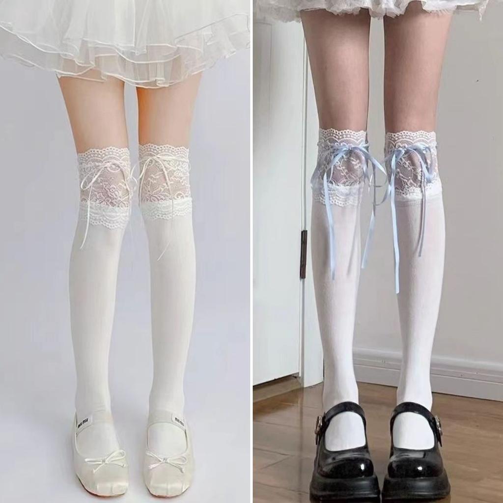 Lolita Lace Knee Socks White Women'S Ribbon Bow Medium Stockings Jk Autumn Thin Calf Socks