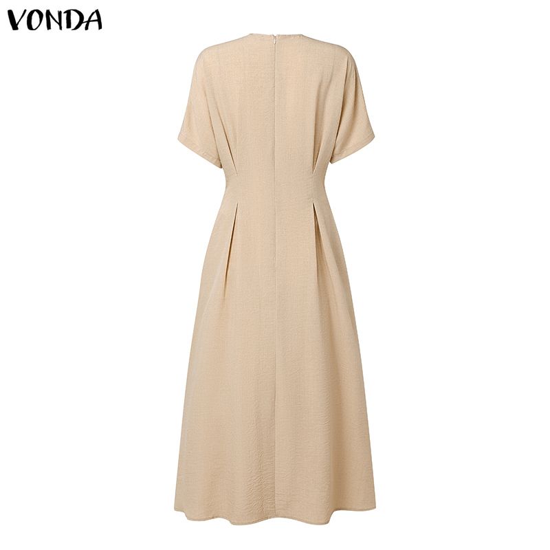 VONDA Women Elegant V Neck Pleated Midi Dress Short Sleeve High Waist A Line Office Style Sundress