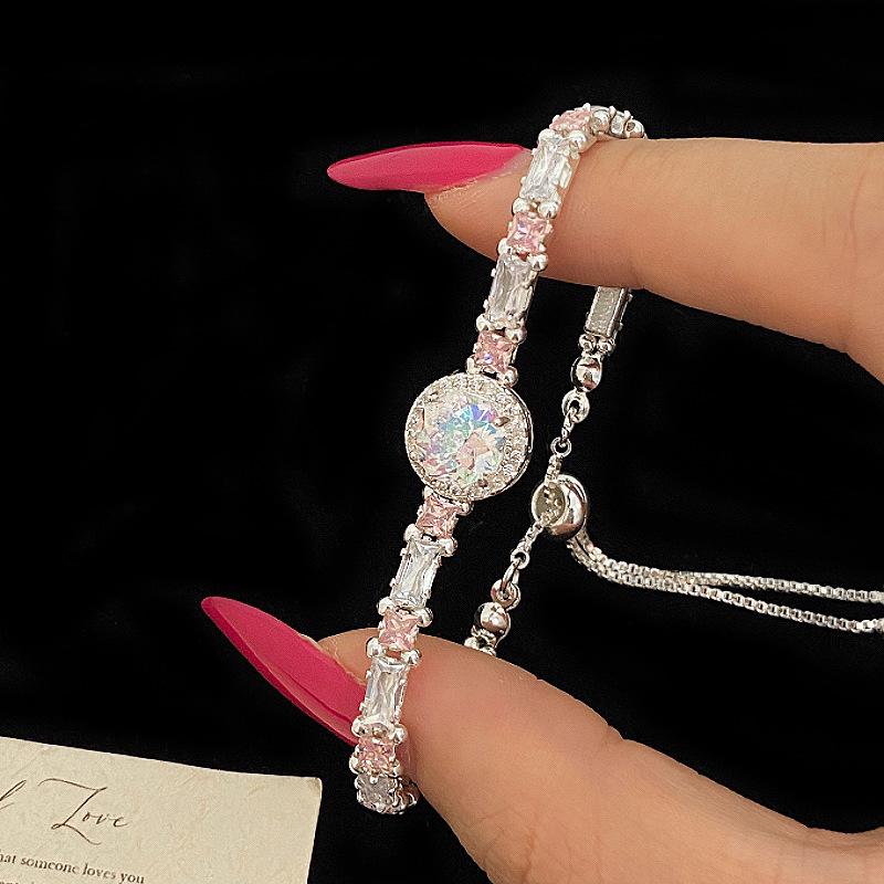 Colorful Round Zircon Pink Stretch Bracelet for Women Light Luxury Exquisite Niche Hand Jewelry