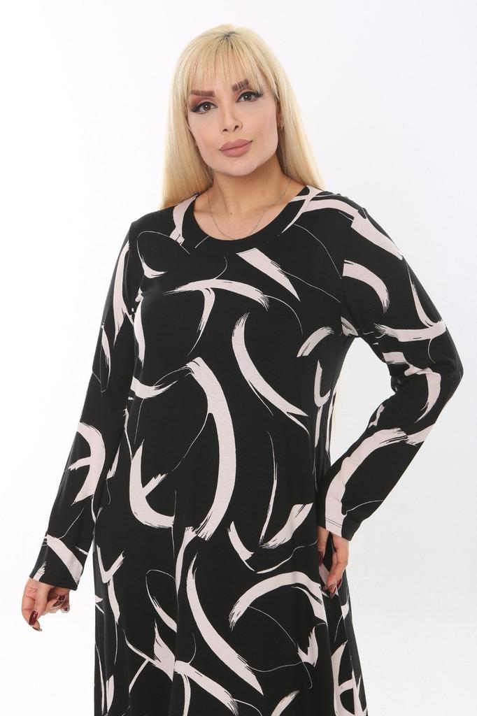 Damen Übergröße Kleid Plus Size Weißes Federmuster Geripptes Langarmkleid