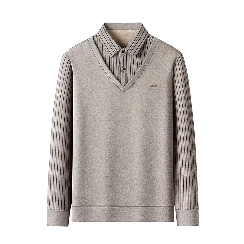 Men's Winter Striped Knitted Sweater - Faux Two-Piece with Turn-Down Collar, Fleece Lined