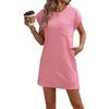 Women's Round Neck Cap Sleeve Mini Dress Straight Fit Pocket Textured Knit Tunic Dress