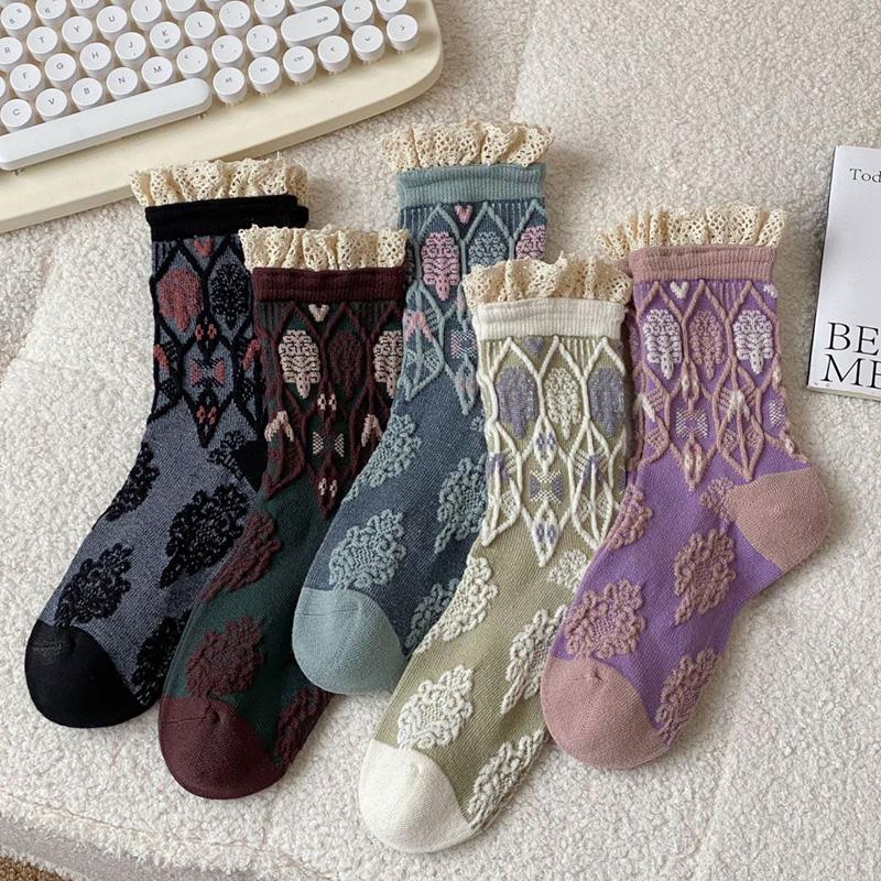 Luxury Socks Korean Fashion Women Harajuku Style Geometric 3D Textured Winter Thick Warm Cashmere Lace Designer Socks Vintage