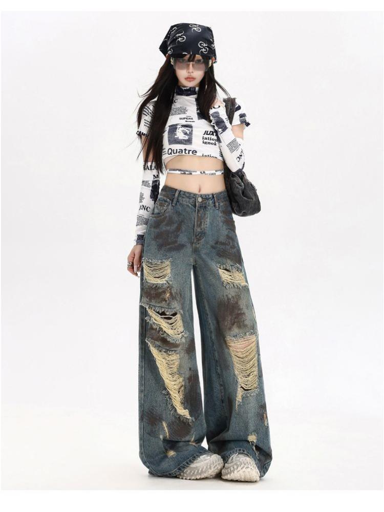 Comfortable Street Broken Holes Jeans Women Autumn Retro Loose Casual Washed Straight Wide Leg Pants Street Style Drag Floor Trousers Long Denim Pants