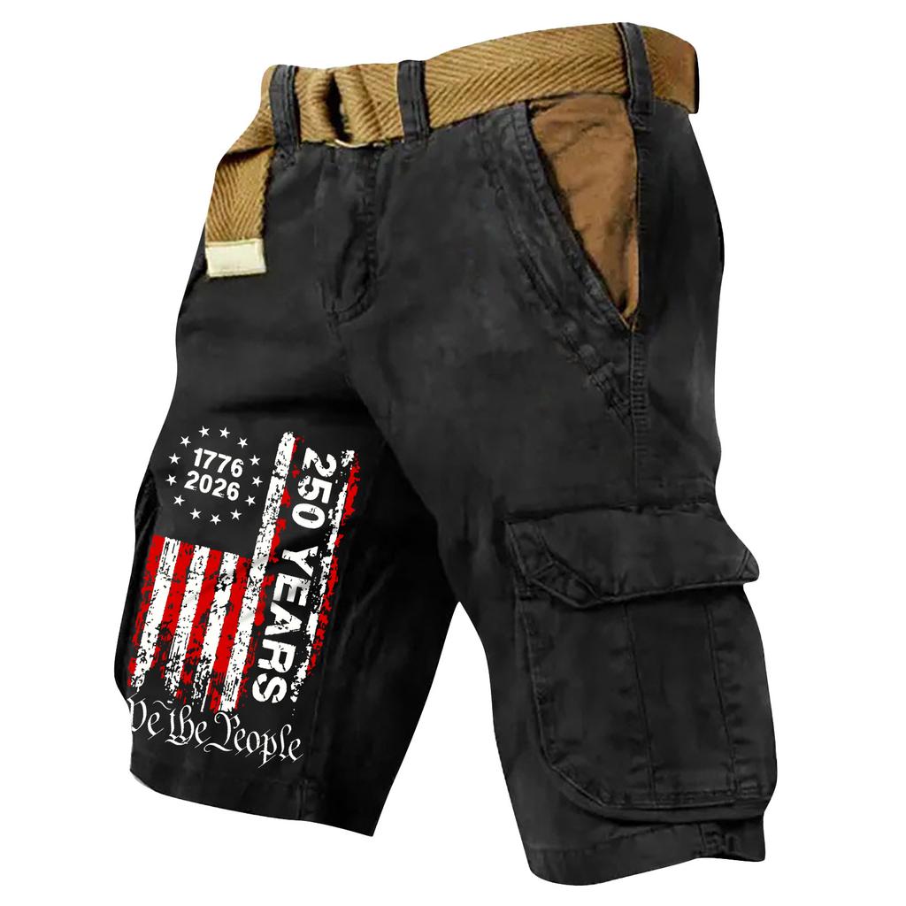 Pantaloncini Cargo Casual da Uomo con Cintura Multi Tasche Cotone Vestibilità Larga Stile Bandiera Stampata per Lavoro all'Aperto Viaggio
