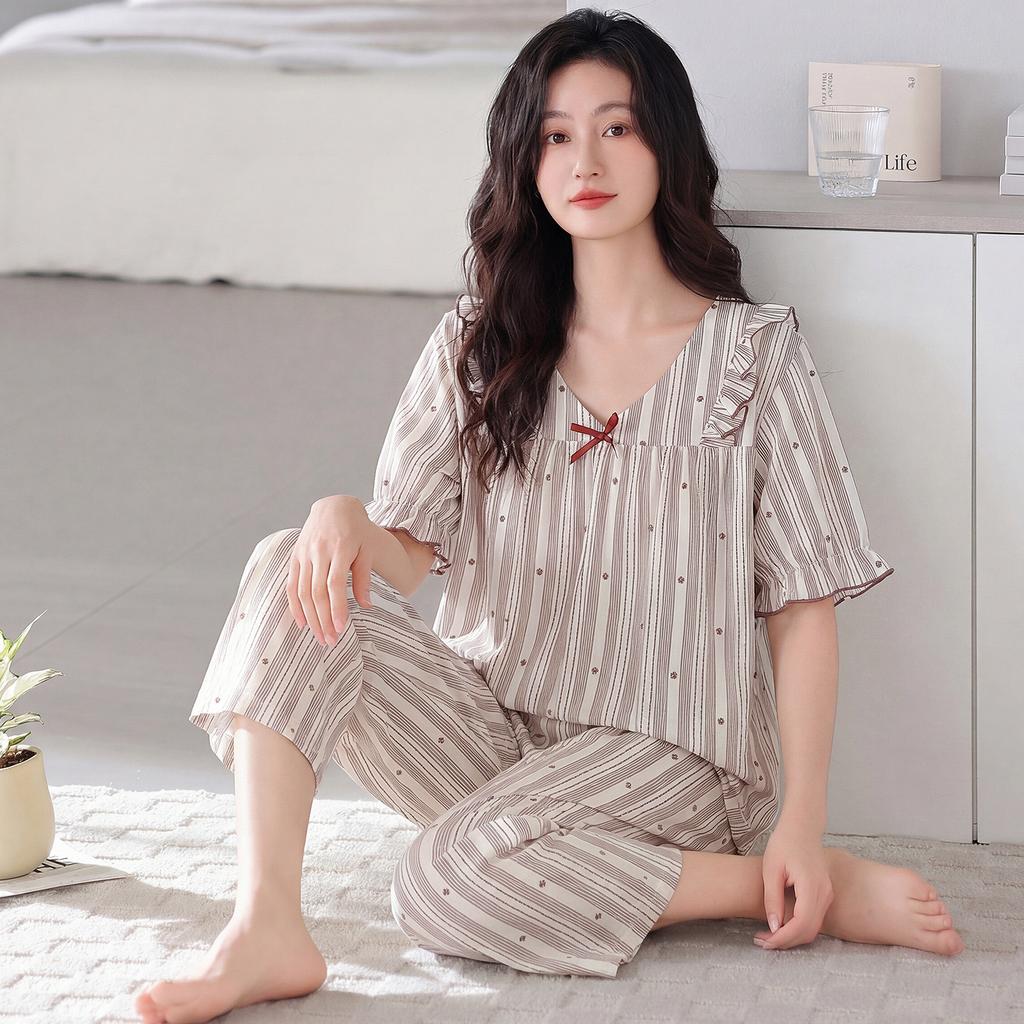 Pajamas women's 11-year new summer cotton short-sleeved cropped pants thin summer large-size loungewear can be worn outside the set