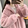 Cappotto spesso e caldo in lana di agnello di media lunghezza con cappuccio in finto stile pigro da donna