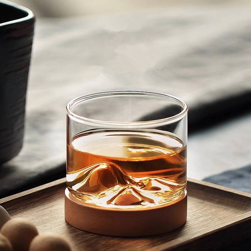 Yiran Furniture Japanese Style 3D Mountain Liquor Glass Solid Wood Coaster Set Split Type Vodka Cup Whisky Glass Walnut Cup Mat Whiskey Tumbler