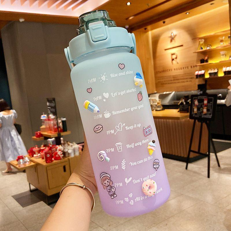 2000ml Large Capacity Drinking Bottle Sports Mug With Straw And Stickers For Outdoor Use