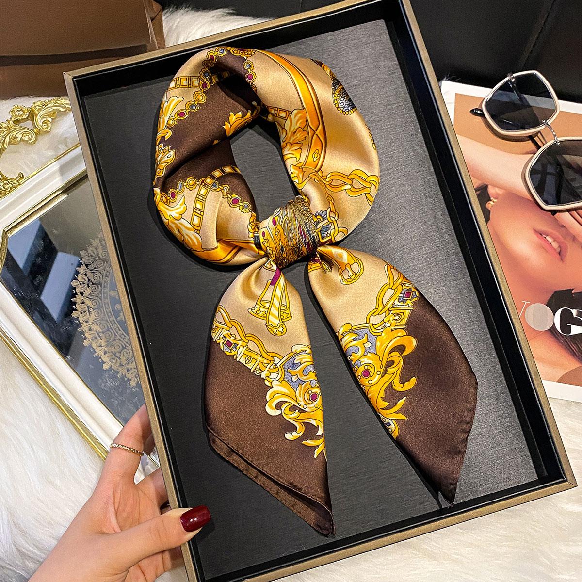 Luxus bedruckte Schals Damen Seidenschal Frühling und Sommer Blumendekorationen Kleine Krawatten Haarbänder Taschen gray