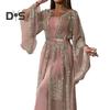 2 Pcs/Set Women Evening Dress Big Swing Shiny Bronzed Cardigan Slip Dress Set See-through Mesh Long Sleeve Coat Cocktail Events Special Occasions