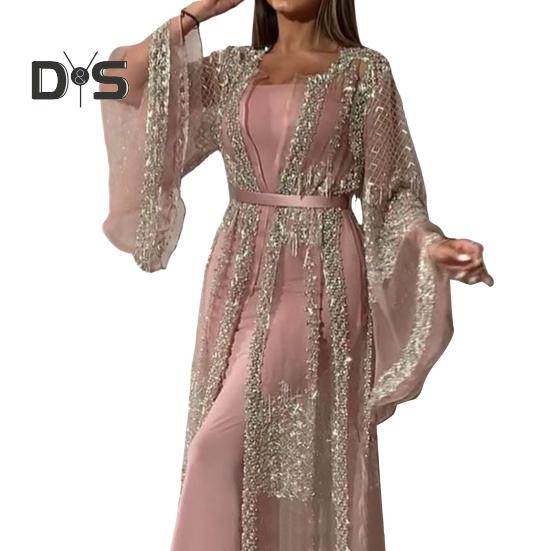 2 Pcs/Set Women Evening Dress Big Swing Shiny Bronzed Cardigan Slip Dress Set See-through Mesh Long Sleeve Coat Cocktail Events Special Occasions