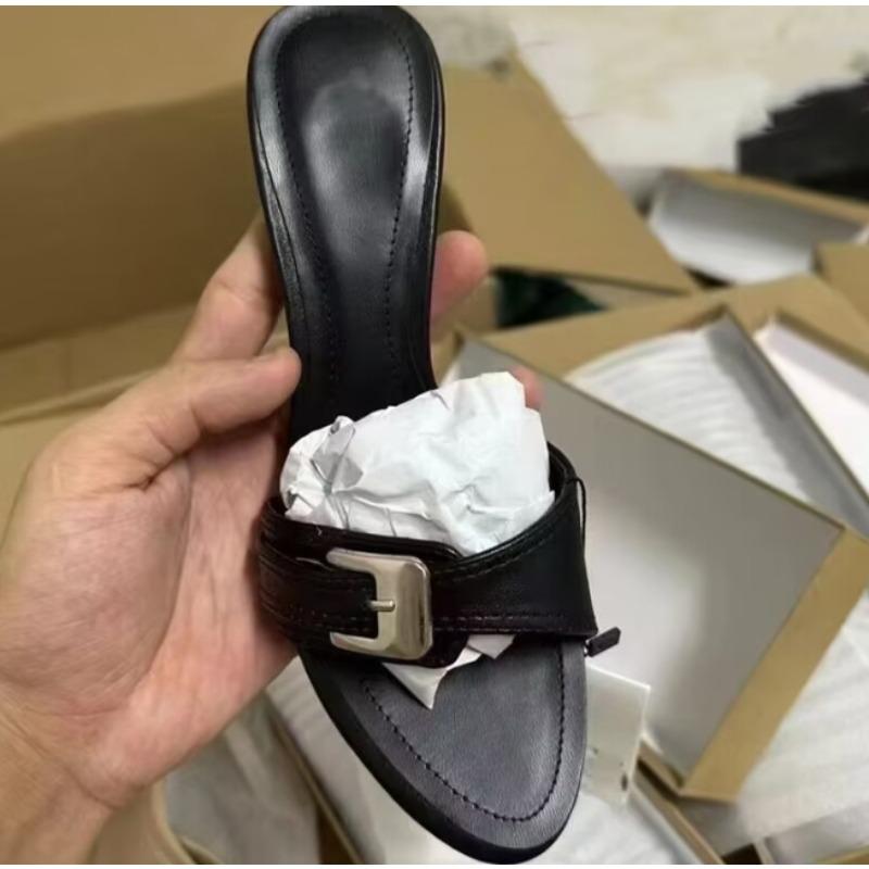 

2025 Летние женские туфли на высоком каблуке с пряжкой и ремешком, украшение на открытом воздухе, с открытым носком, на шпильках, элегантные женские сандалии-мюли 35 чёрный