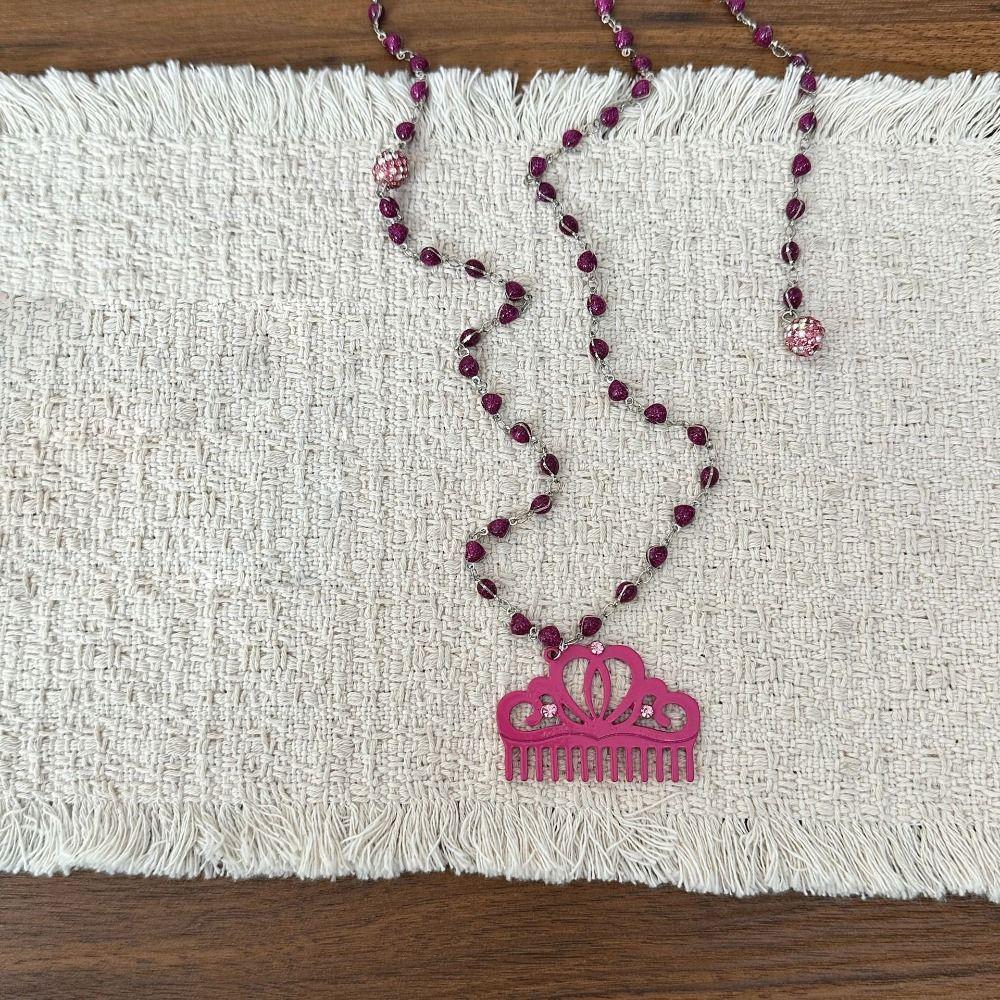 Long Chain Comb Pendant Necklace Rhinestone Decor Acetate Necklace For Girls