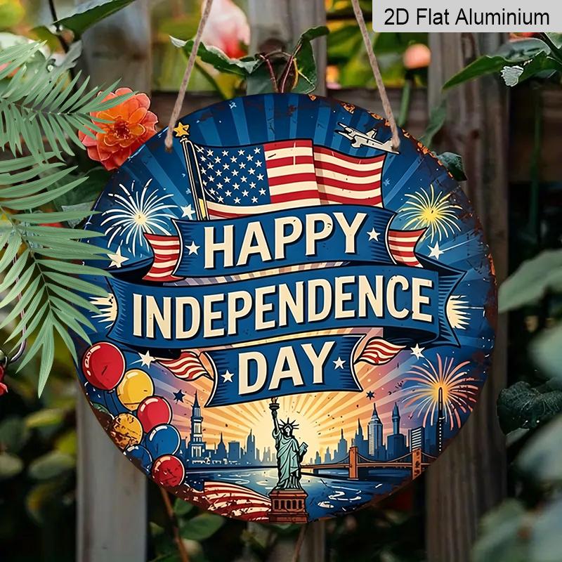 2D Flat, 1pc Round Aluminum "Happy Independence Day" Sign, Patriotic USA Flag & Statue of Liberty Metal Plaque, Vintage Distressed Style, Perfect for
