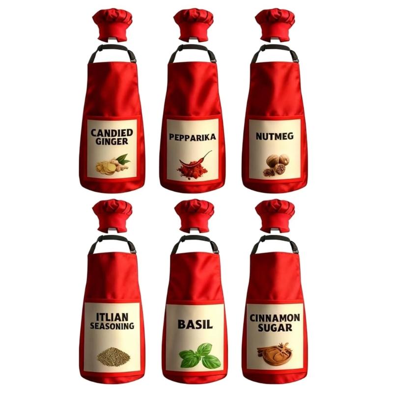 6Pcs Halloween Spices Condiments Matching Costume Spices Group Apron and Hat Set for Halloween Cosplay Party 1