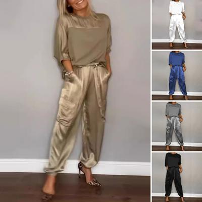 Women's Sets Top and Pants Suit Satin Three-quarter Sleeves O-neck Tie Waist Solid Color Soft Breathable Casual Pocket Loose Top and Pants Suit