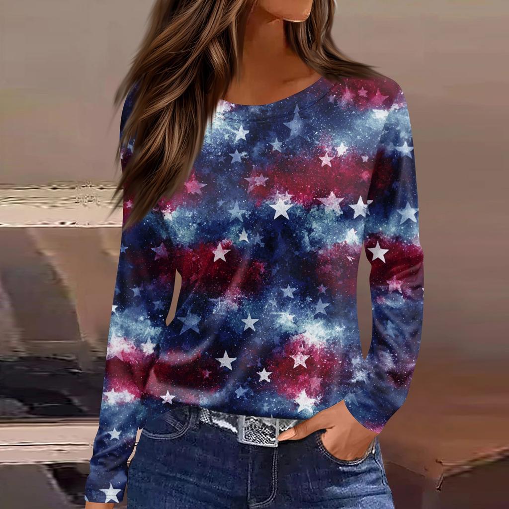 Women’s Long Sleeve Crewneck Top with Star Print Loose Fit Pullover Casual Style Comfortable Soft Fabric for Daily Wear