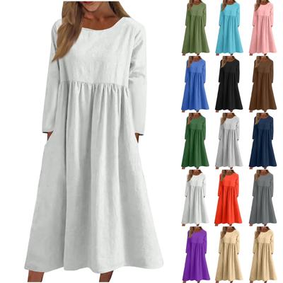 Damska sukienka casualowa z okrągłym dekoltem, jednolitym kolorem, średniej długości, z długim rękawem i kieszenią