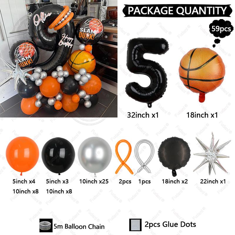 59pcs Explosion Star Basketball Balloon Set 32 Inch Black Number 1-9 Birthday Balloon Sports Theme Party Atmosphere Decoration