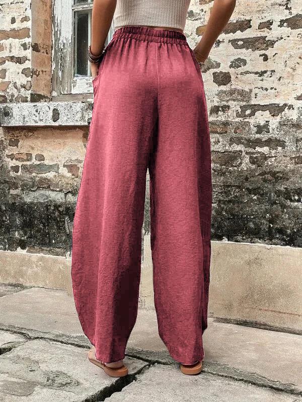 Women's Solid Color Casual Pants with Pockets and Elastic Waist.