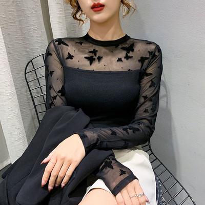 Round Neck Mesh Patchwork Sunscreen Base Shirt Long Sleeved Lace Slim Fit T-shirt