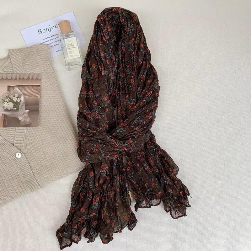 Vintage Cotton and Linen Scarf for Women Autumn and Winter Printed Thin Pleated Scarf Silk Scarf