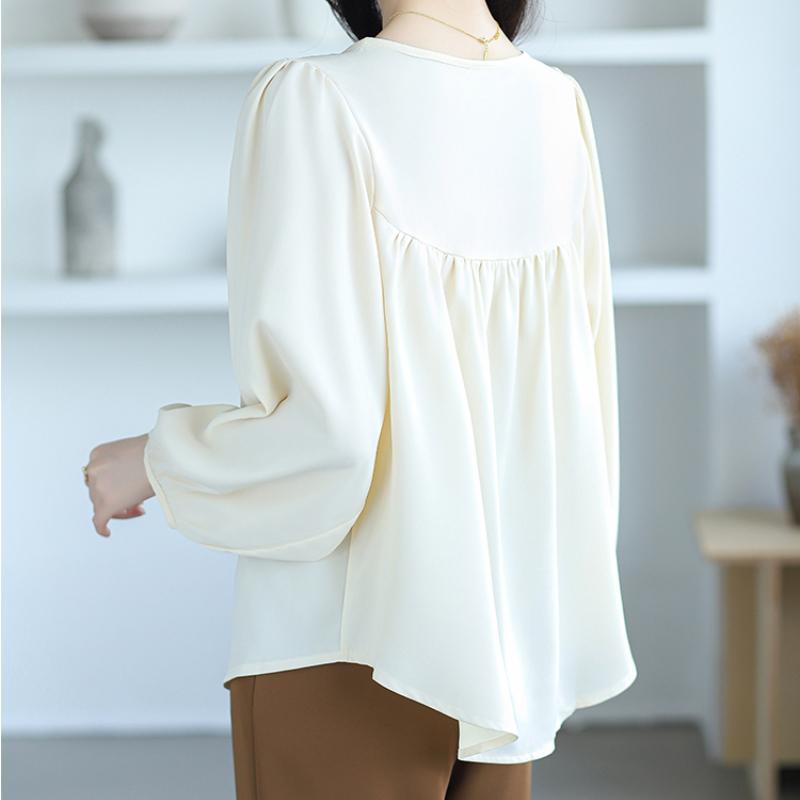 New Fashion Lantern Sleeve Loose Casual Blouse Women Single Breasted Elegant Solid Vintage Shirts Women Tops Round Neck Plus Size Ladies Blouses 26335