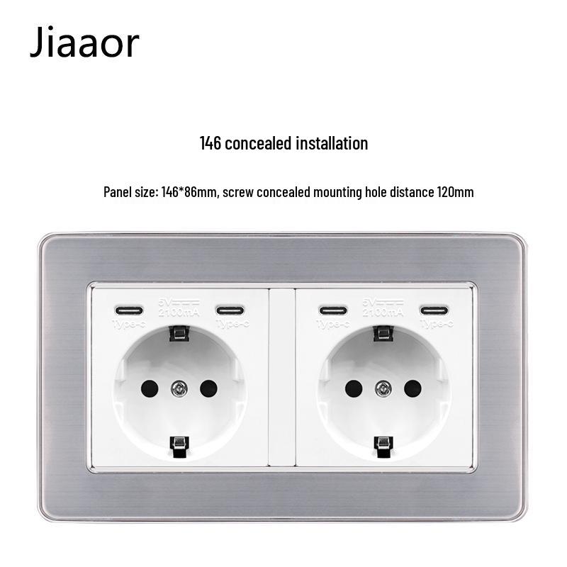 Padrão Europeu Tipo 86 Painel de Interruptor e Tomada de Parede Duplo em Aço Inoxidável com USB-C, Estilo Alemão, Montagem de Parede Embutida.