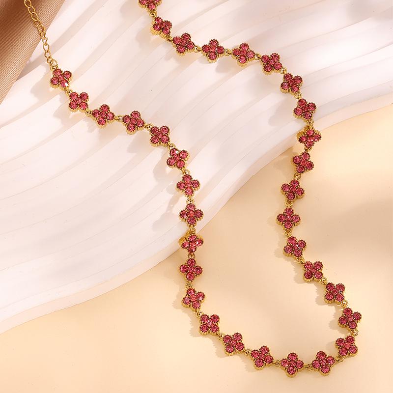 Colorful Diamond Four-Leaf Clover Jewelry Set - Necklace, Bracelet & Earrings for Women