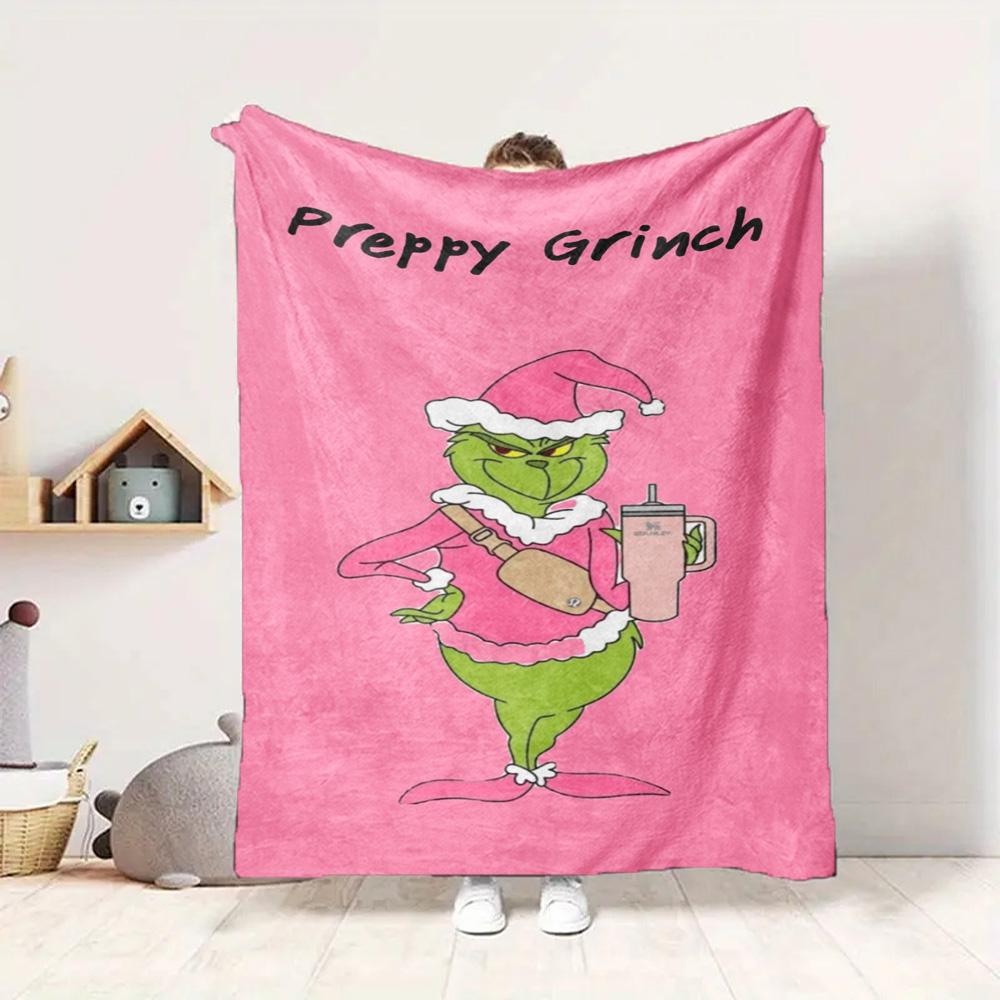 Preppy Grinch Flannel Blanket Throw Blanket Soft Warm Sofa Bed Camping Home Decor Unique Christmas Gift C9211456