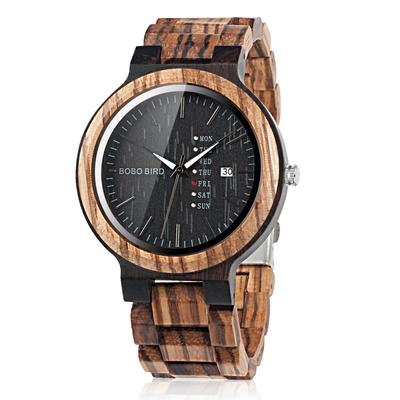 Bobo Bird Mens Wooden Watch Analog Quartz with Week Display Lightweight Handmade Wooden Wrist Watch for Men Brown Dial