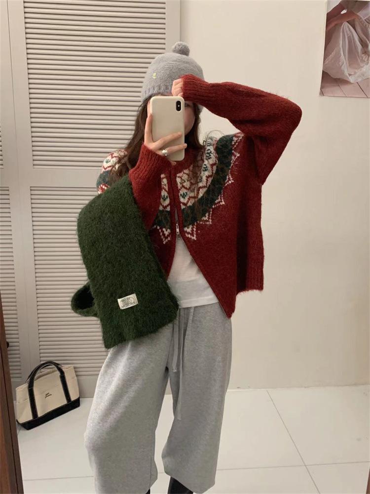 

Премиальный ретро кардиган крупной вязки на молнии с жаккардовым узором и круглым вырезом, женский мягкий ворсистый утолщенный свитер-куртка, зима One size