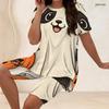 Women Plus Size Two Piece Set Pumpkin Bee Floral Print Round Neck Short Sleeve Split Top Knee Length Pants