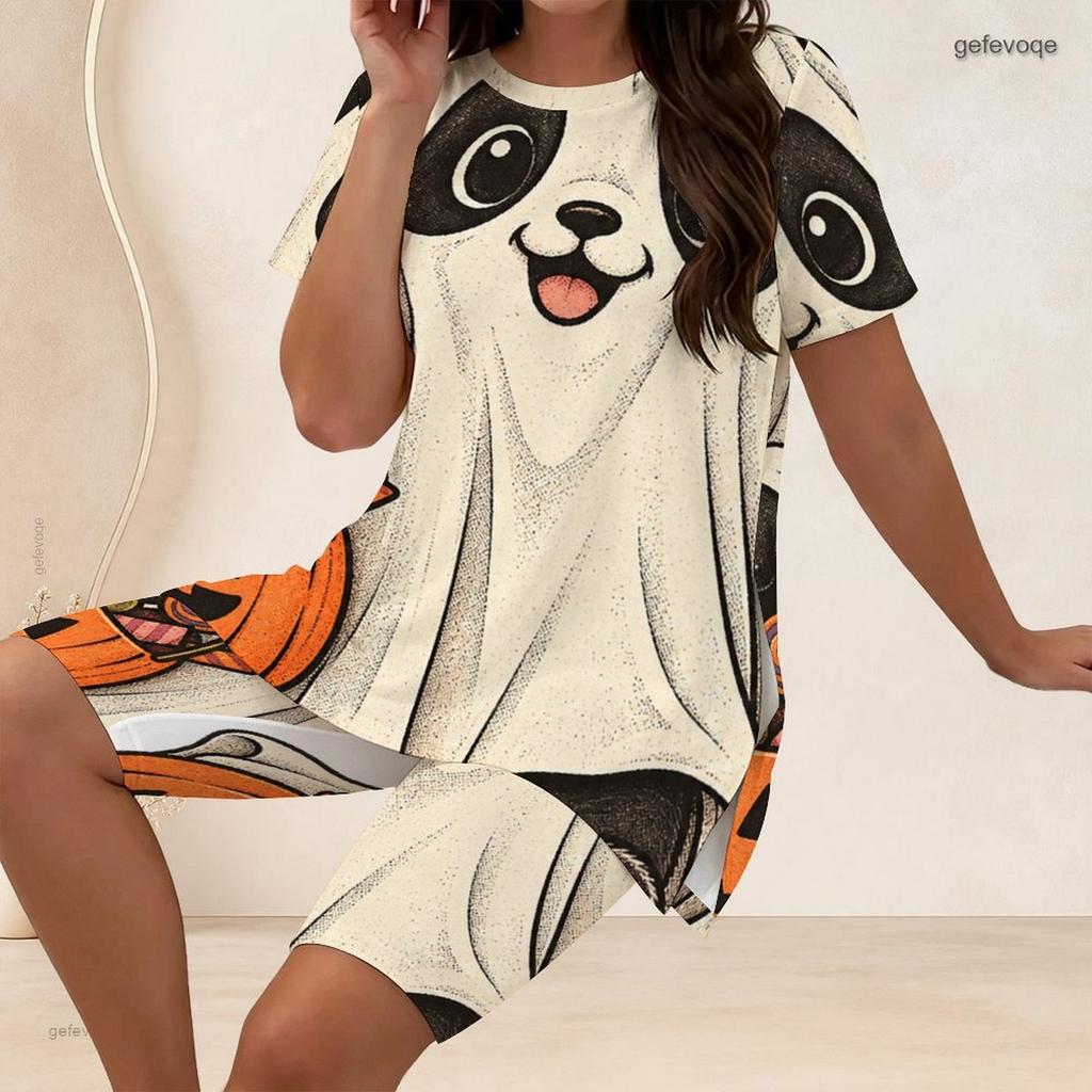 Women Plus Size Two Piece Set Pumpkin Bee Floral Print Round Neck Short Sleeve Split Top Knee Length Pants