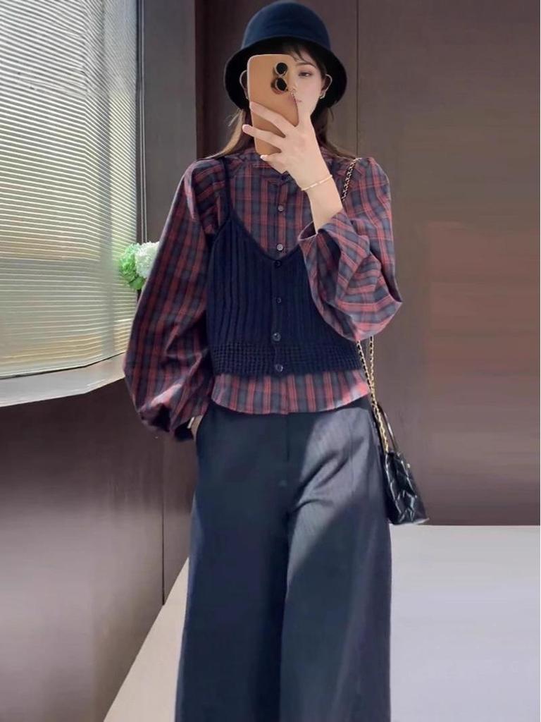 Korean Chic Plaid Shirt & Knit Camisole Vest Set - 2025 Autumn Women's Fashion