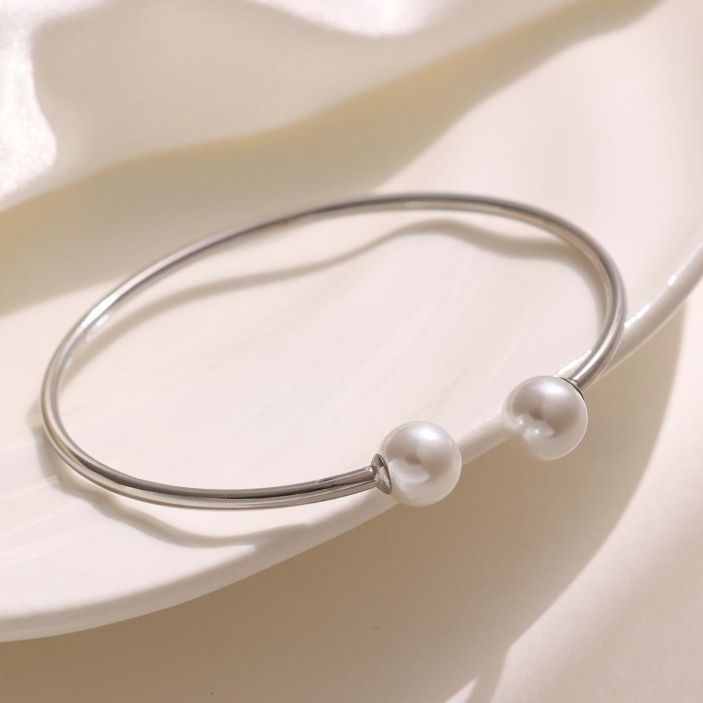 Elegant Double Pearl Titanium Steel Open Bracelet 18K Gold Plated Waterproof Cuff Bangle Jewelry for Women Sister Mother Gift