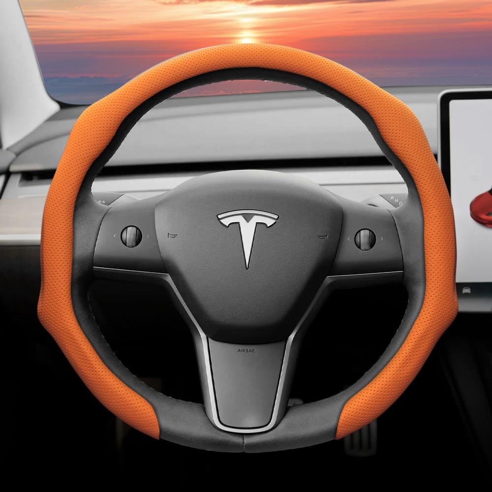 Geeignet für Tesla Perforierte Lederlenkradabdeckung, Rutschfest, Schweißabsorbierend, Atmungsaktiv, Integrierte Snap-On Schutzhülle für Modell 3 Y S