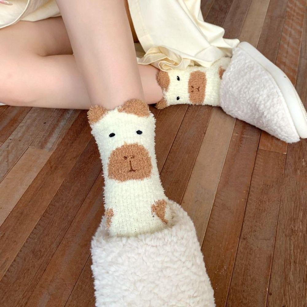 5Pairs Thicken Capybara Fleece Socks Plush Winter Floor Socks Fashion Sleeping Socks Women  Women