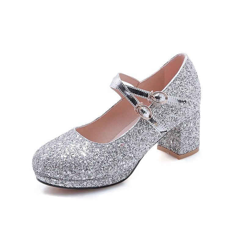 Velikost 33-43 Dámské červené třpytivé zlaté boty na vysokém podpatku, Mary Jane lodičky s dvojitým přezkovým páskem, společenské svatební