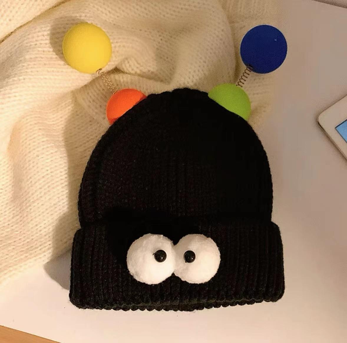 

Style Hat Versatile Cute And Funny Big Eye Womens Warm Hatscaps Knitted Black