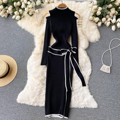 Frauen Neue Mode Frühling Herbst Stehen Neck Schlank Stricken Pullover Kleid Spitze Up Bogen Knoten Langarm Schwarz Lässige Strickwaren