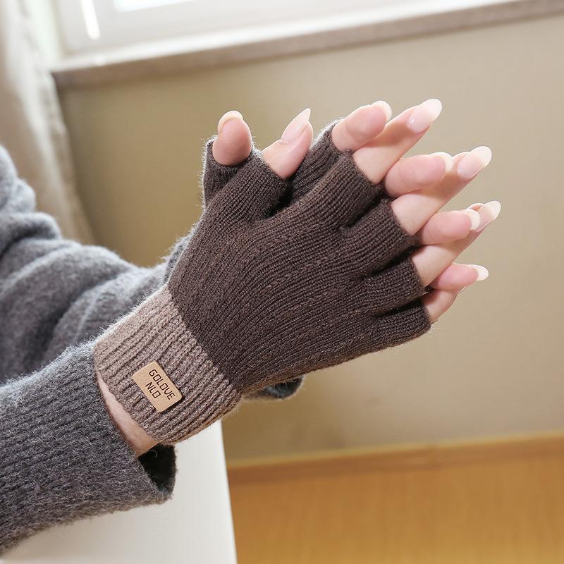 Half finger flip gloves winter ladies cute fleece cold-proof warm wool knitted autumn and winter dew fingers