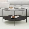 Moderner minimalistischer Wohnzimmer-Couchtisch, mit einer runden schwarzen Glasplatte, kombiniert mit einer schwarzen Holzunterschicht, schön und praktisch.